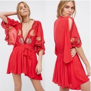 Free People Cora Coral‎ Red Embroidered Dress